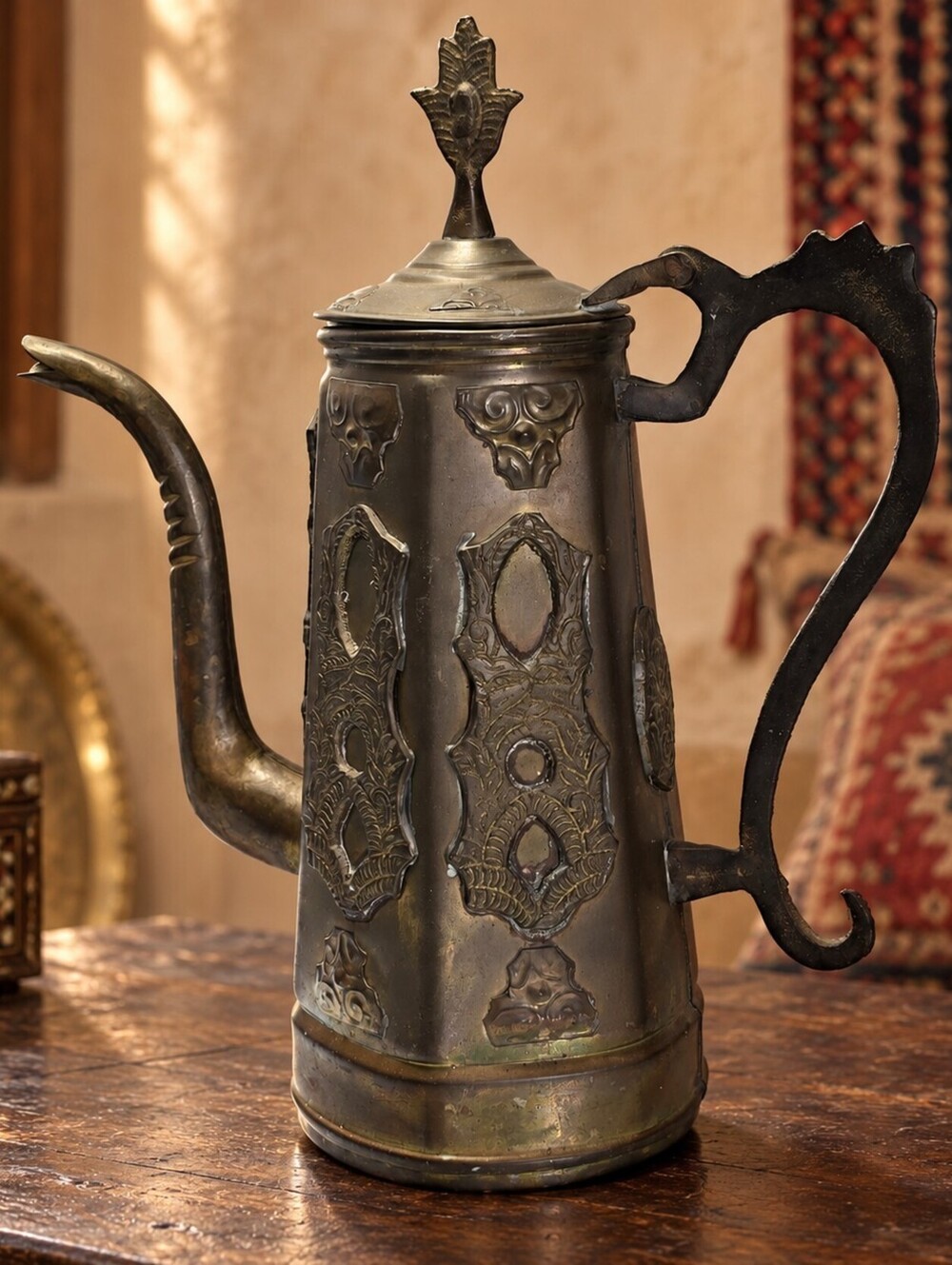 Vintage Moroccan Style Brass Coffee Pot Hamsa Finial Hinged Lid Long Spout Decor